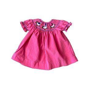 Classy Couture Smocked Pink Baby 6M Corduroy Winter Penguin Dress